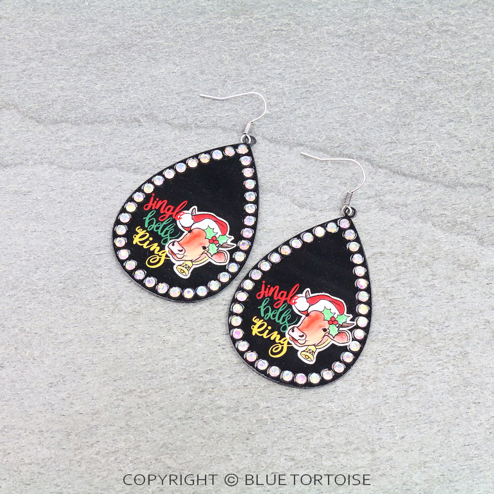 Christmas Cow Printed Teardrop Dangle Earrings