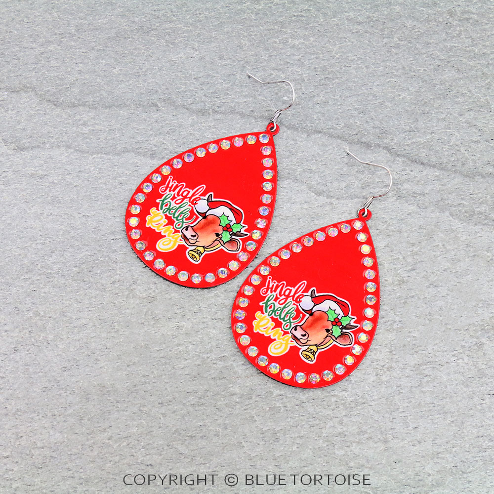 Christmas Cow Printed Teardrop Dangle Earrings