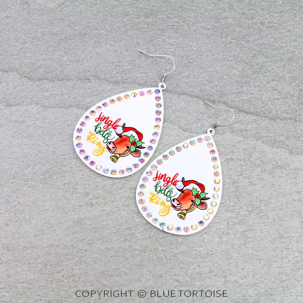 Christmas Cow Printed Teardrop Dangle Earrings