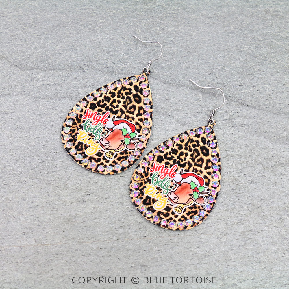Christmas Cow Printed Teardrop Dangle Earrings