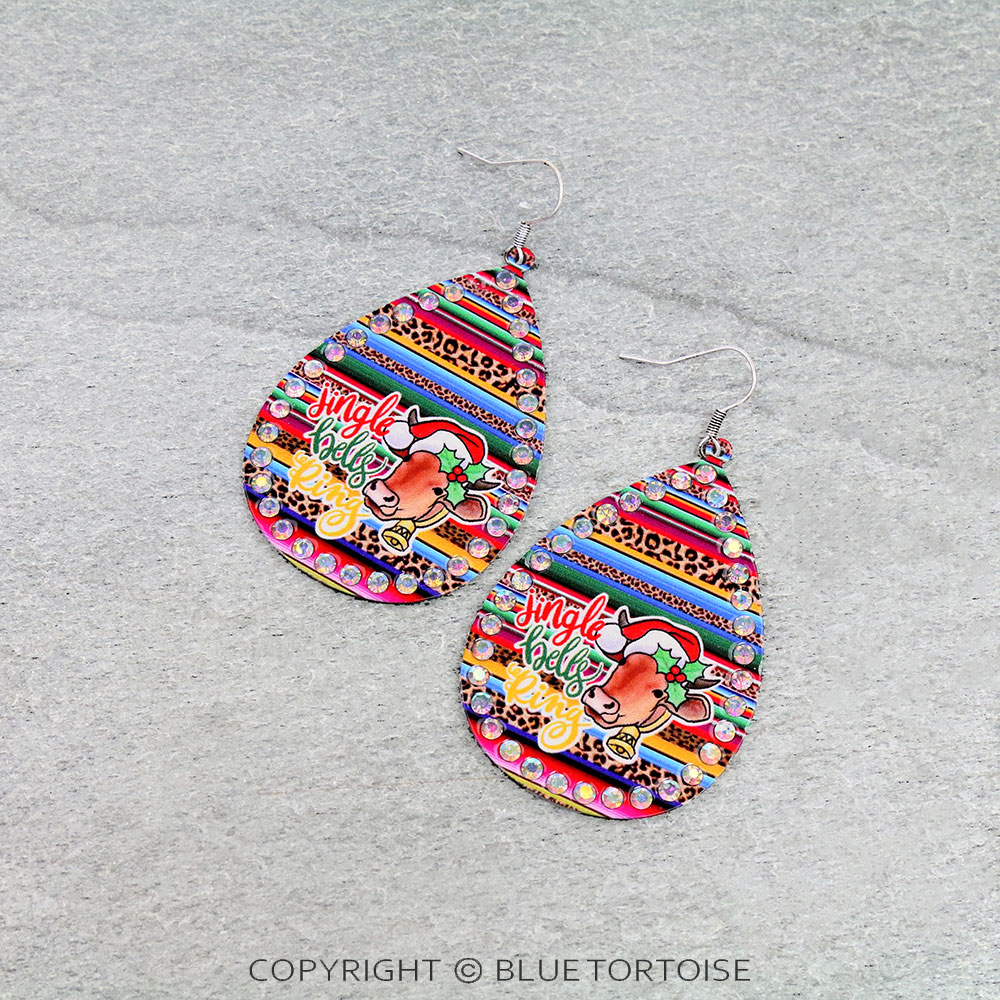 Christmas Cow Printed Teardrop Dangle Earrings