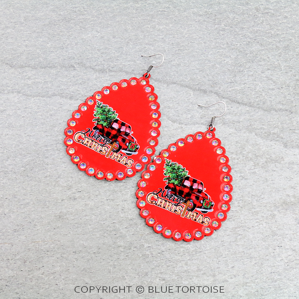 Christmas Truck Printed Teardrop Dangle Earrings