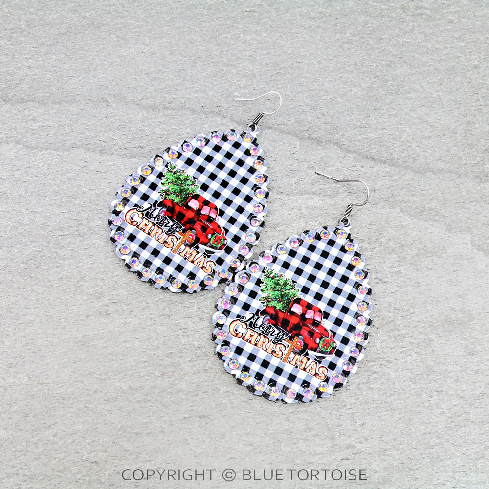 Christmas Truck Printed Teardrop Dangle Earrings