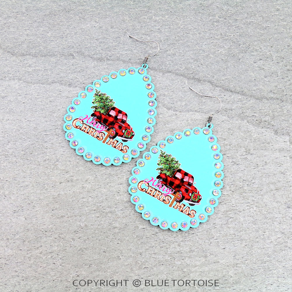 Christmas Truck Printed Teardrop Dangle Earrings