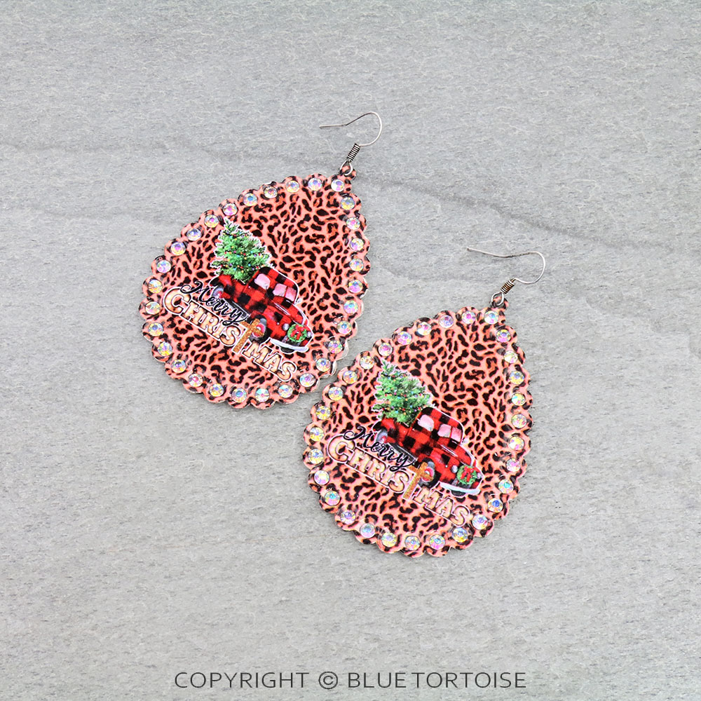 Christmas Truck Printed Teardrop Dangle Earrings