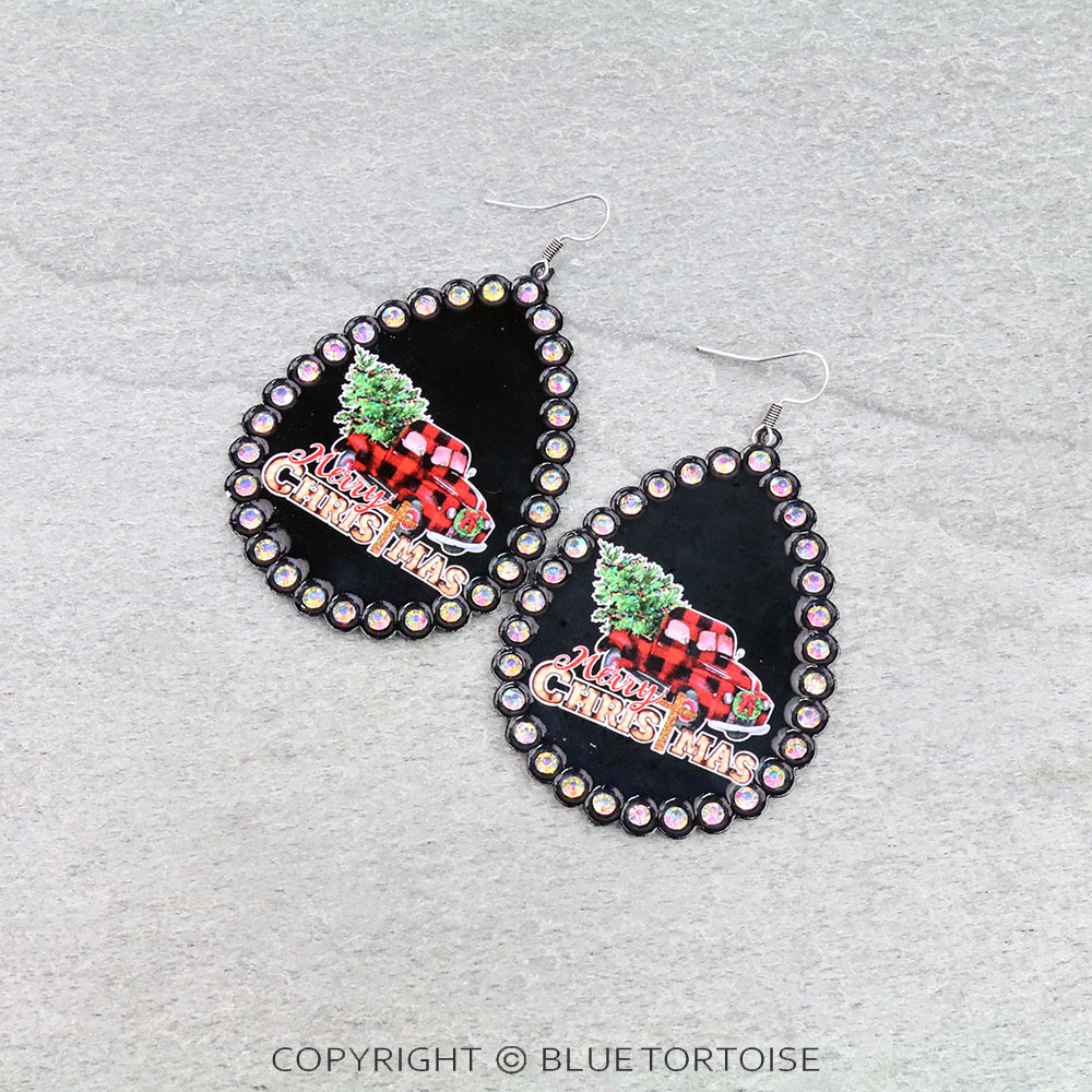 Christmas Truck Printed Teardrop Dangle Earrings