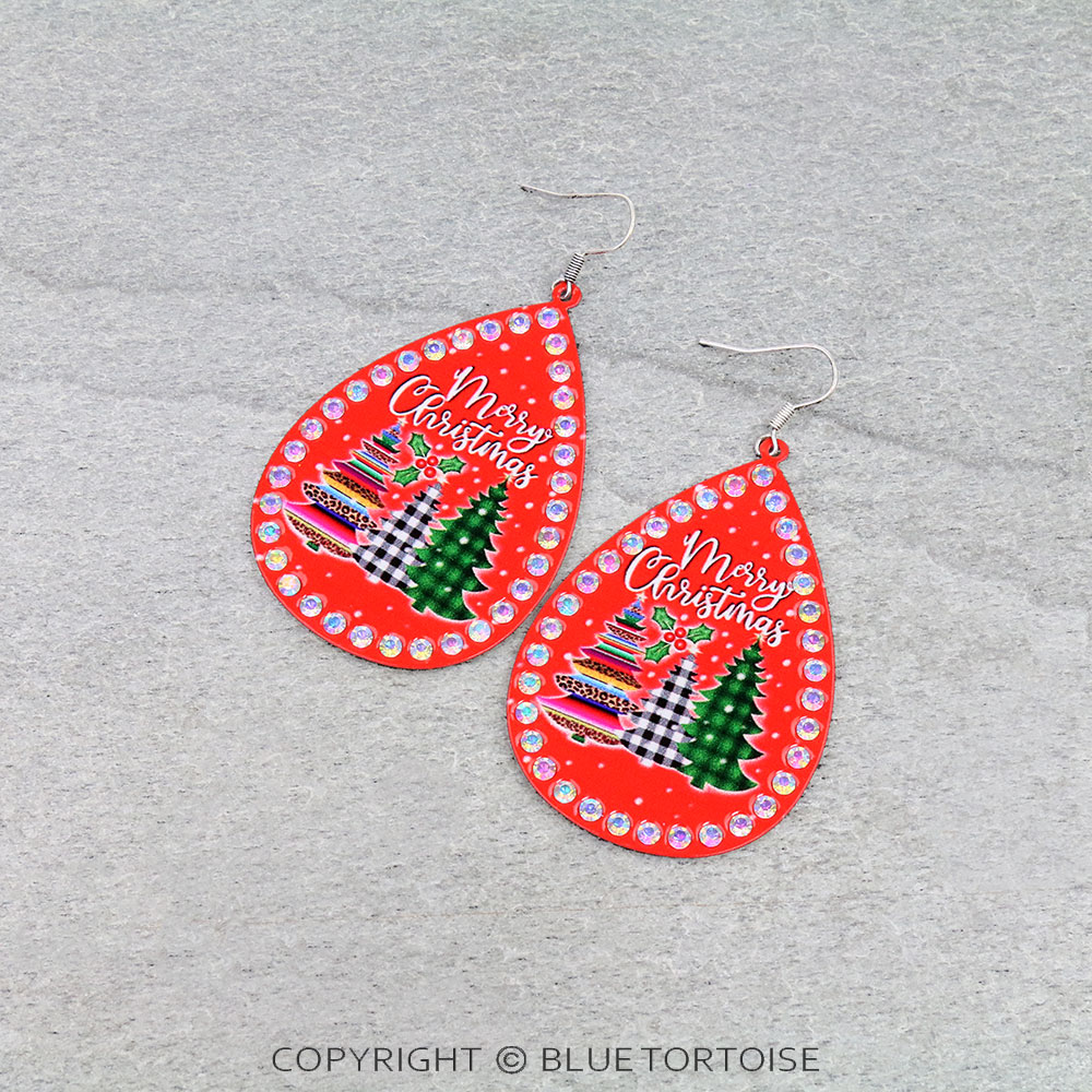 Christmas Tree Printed Teardrop Dangle Earrings