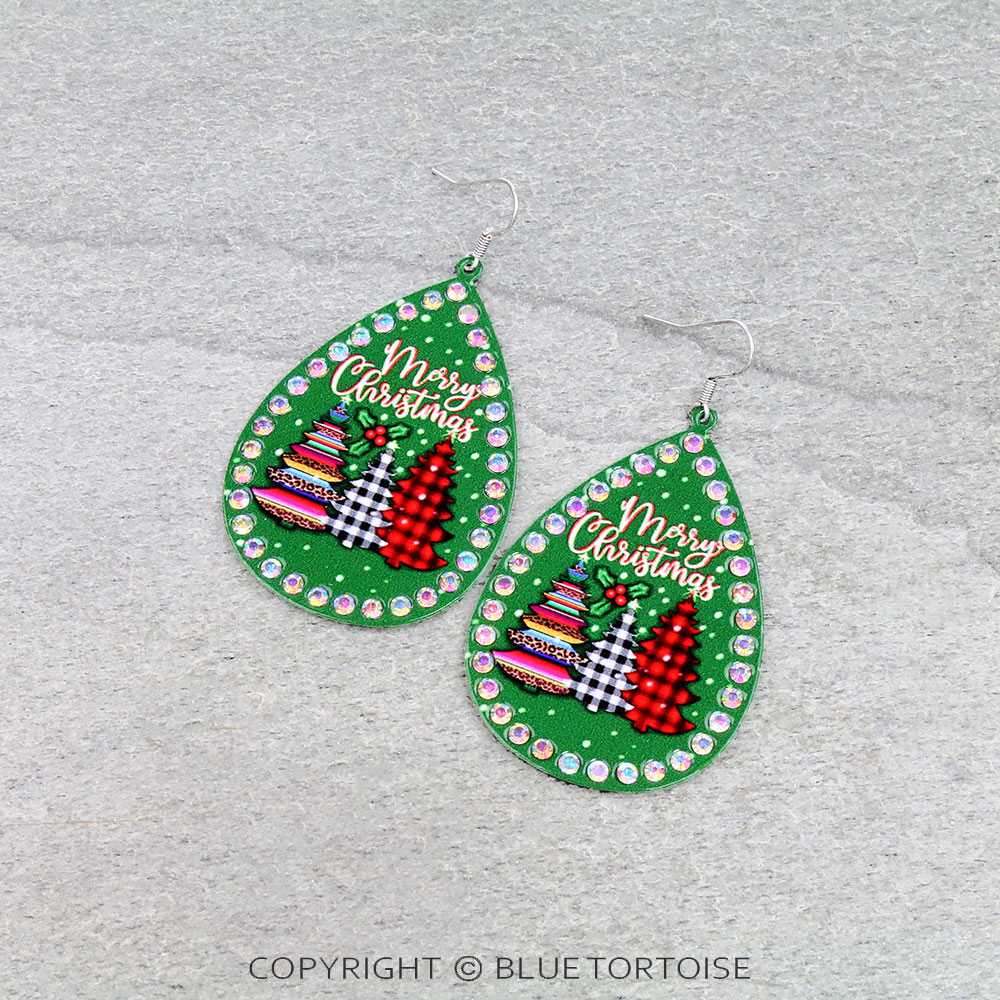 Christmas Tree Printed Teardrop Dangle Earrings