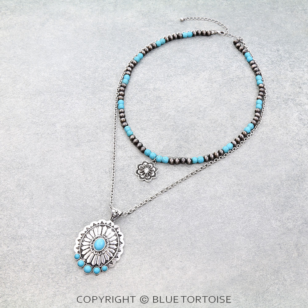 2 Layered Navajo Style Pearl & Concho Necklace