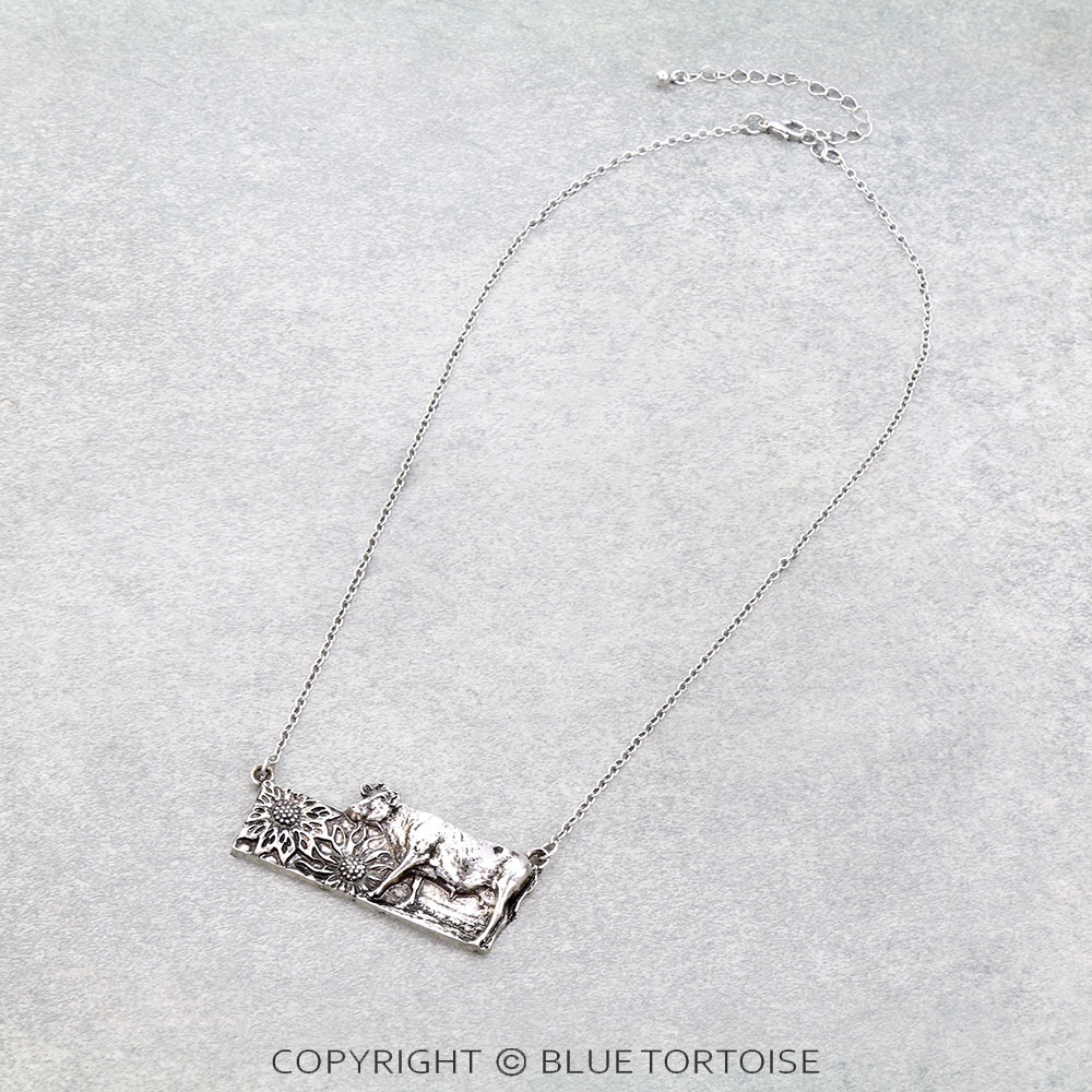 Western Cow & Sunflower Bar Necklace
