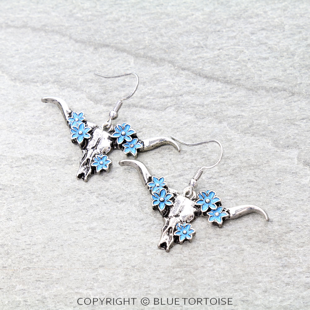 Western Floral Steer Skull Dangle Earrings