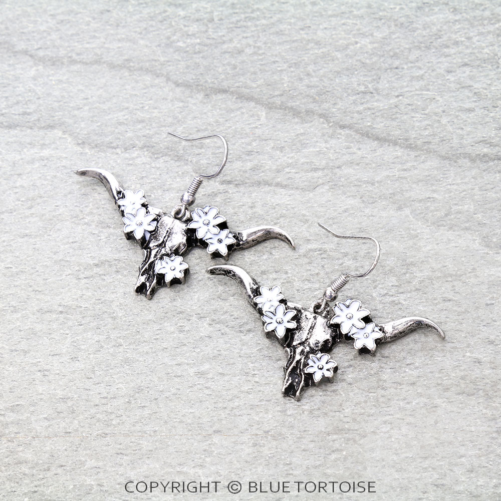 Western Floral Steer Skull Dangle Earrings