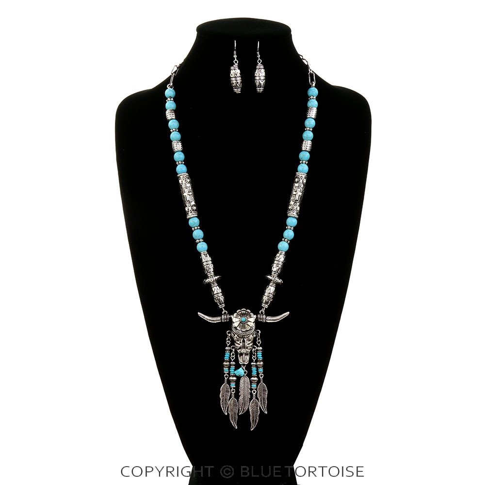 Western Flower Steer Skull Stone Necklace Set - Image 2