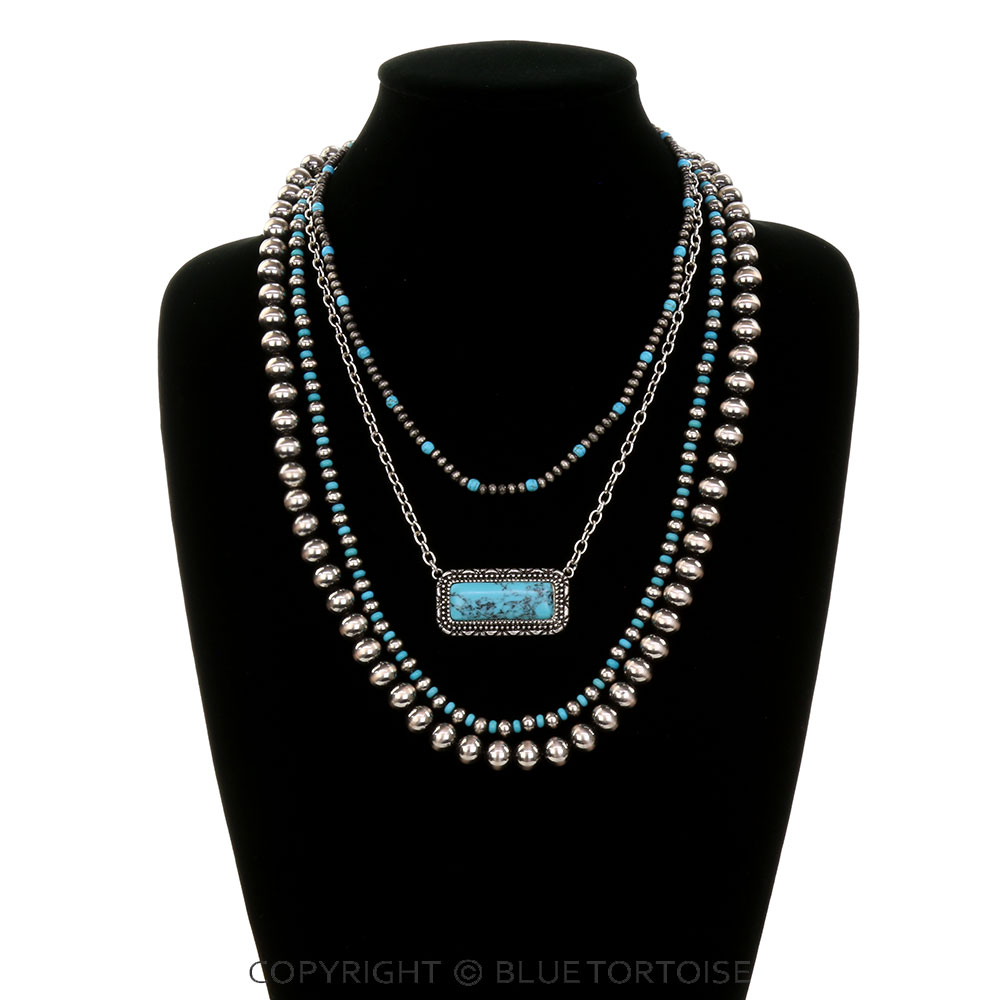 4 Layered Navajo Style Pearl & Stone Bar Necklace - Image 2