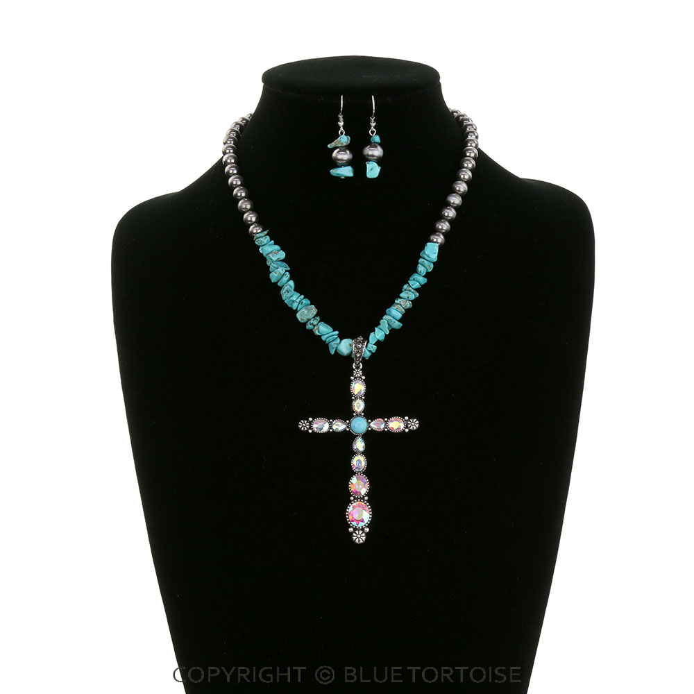 Western Cross Stone Pendant Necklace Set - Image 2