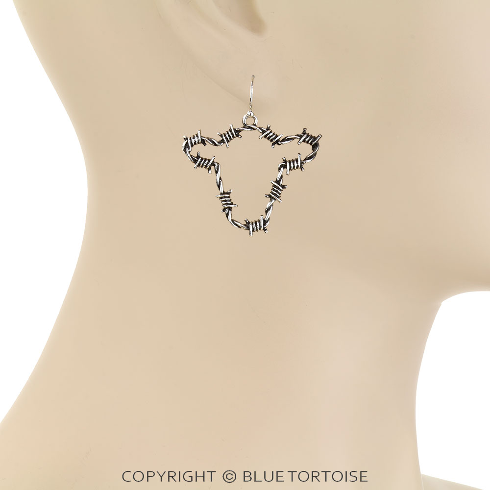 Western Barbed Wire Cow Head Dangle Earrings - Image 2