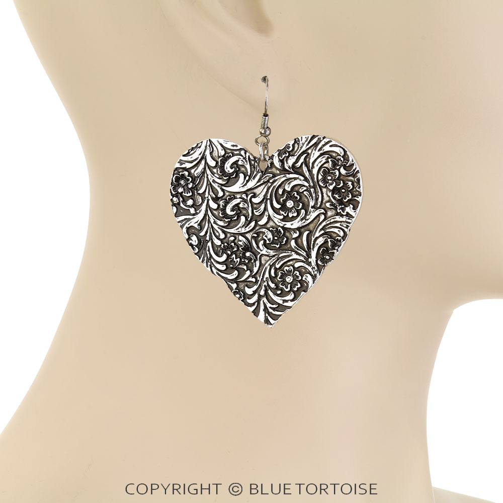 Western Flower Engraved Heart Dangle Earrings - Image 2