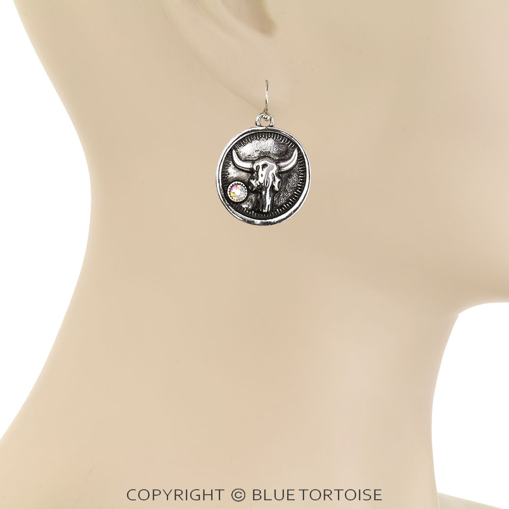 Western Round Steer Skull Dangle Earrings - Image 2
