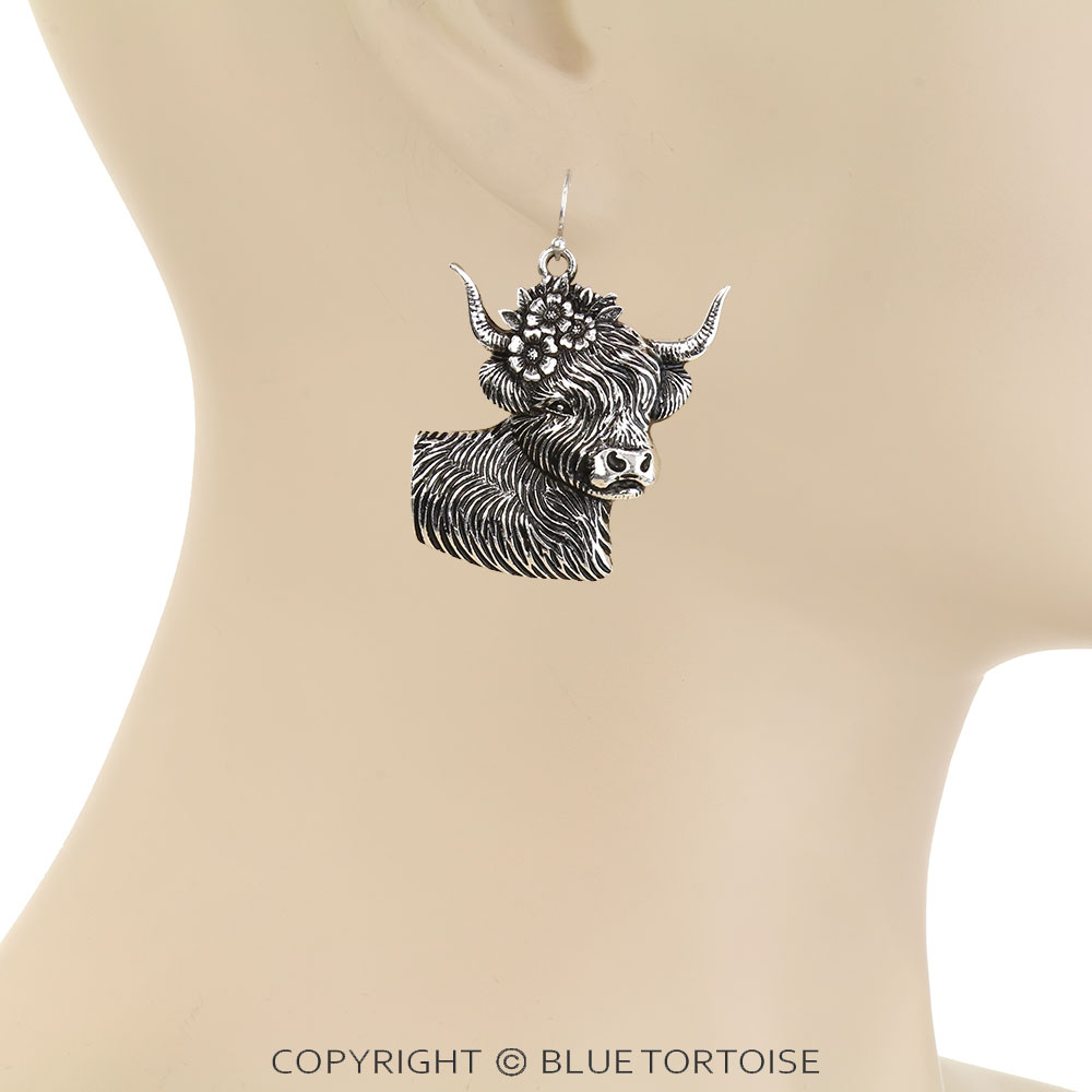 Western Flower Steer Cow Dangle Earrings - Image 2
