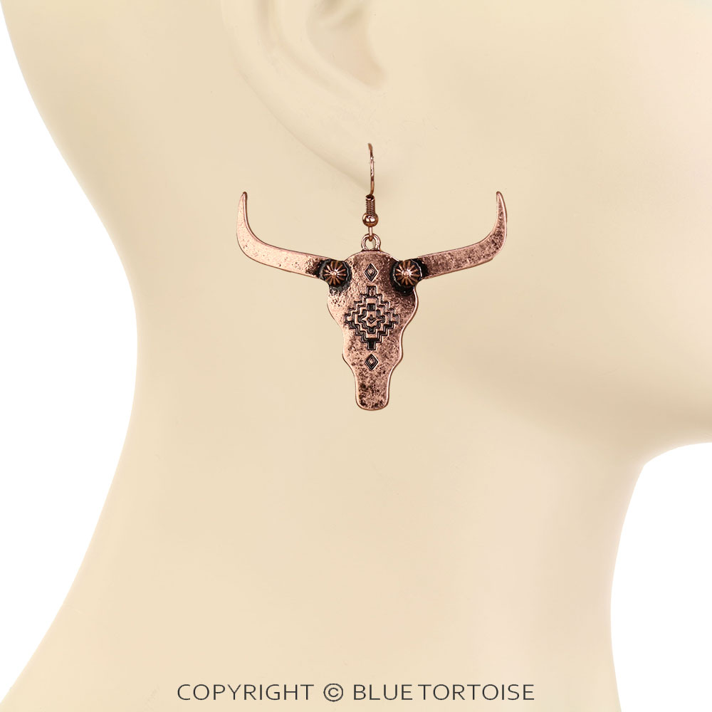 Western Aztec Steer Skull Dangle Earrings - Image 2