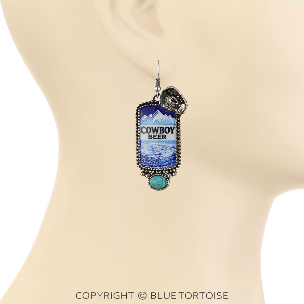 Western Cowboy Beer Print Dangle Earrings - Image 2