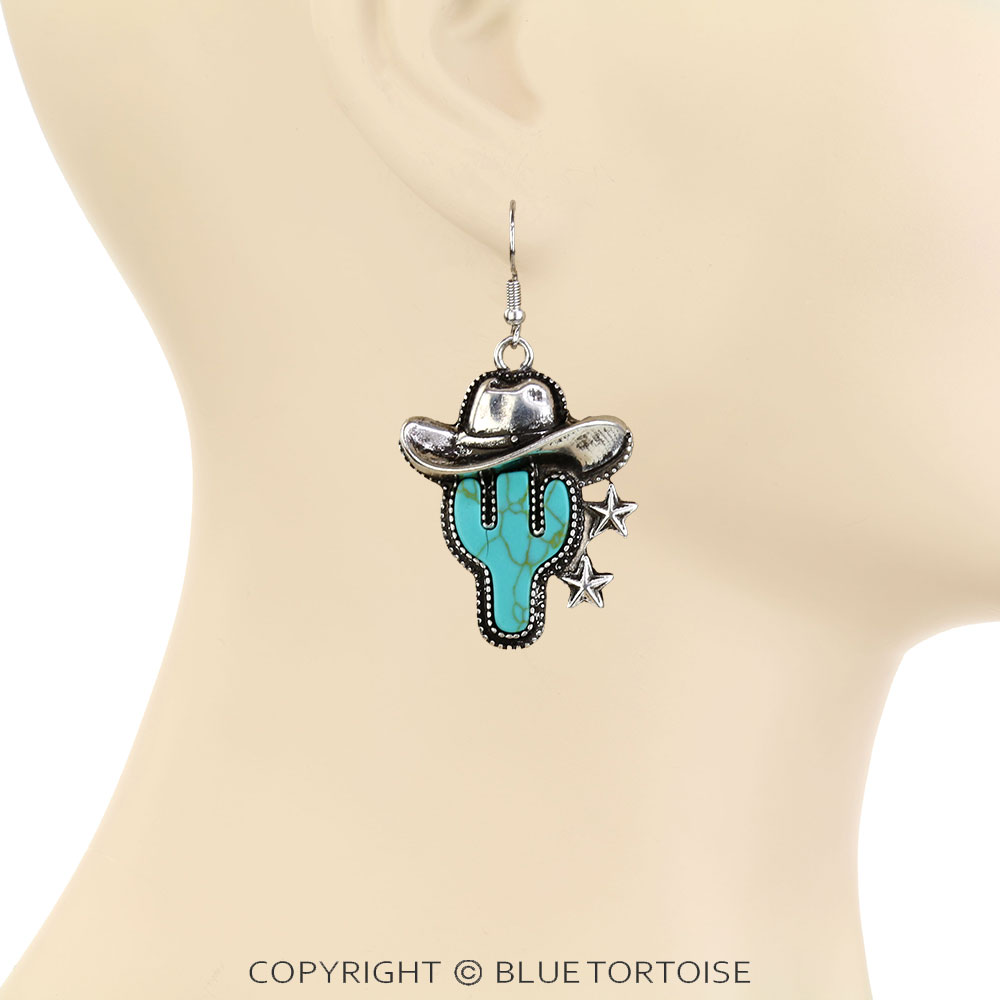 Western Cowboy Hat Cactus Dangle Earrings - Image 2