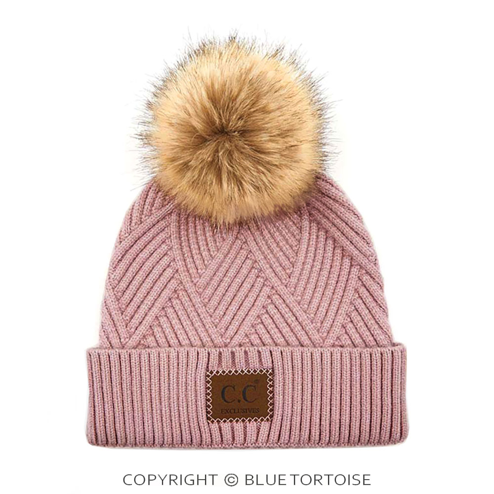 C.C Heather Beanie Pom Hat with Suede Patch in Diagonal Stripes Criss Cross Pattern
