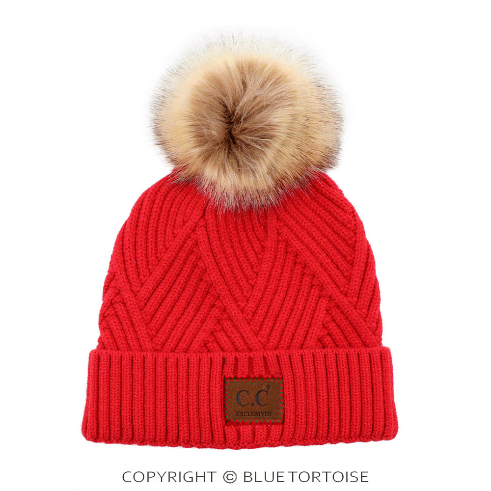 C.C Heather Beanie Pom Hat with Suede Patch in Diagonal Stripes Criss Cross Pattern