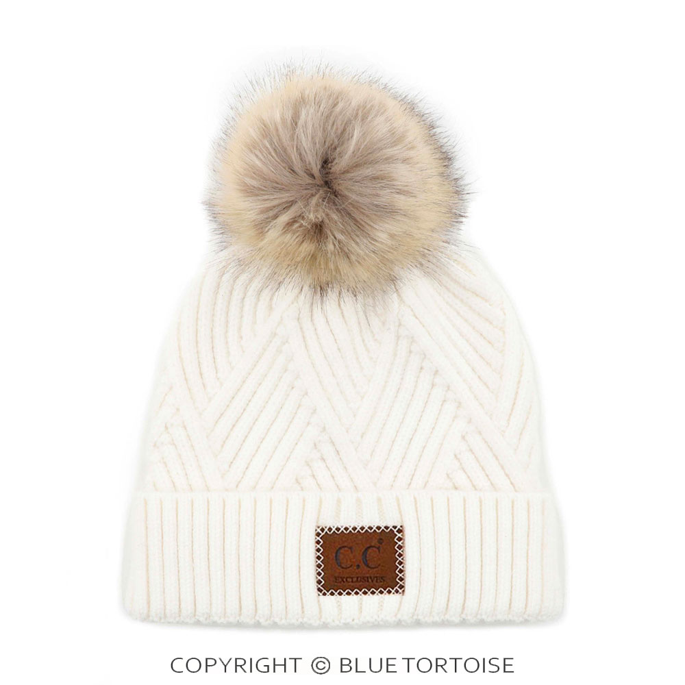C.C Heather Beanie Pom Hat with Suede Patch in Diagonal Stripes Criss Cross Pattern