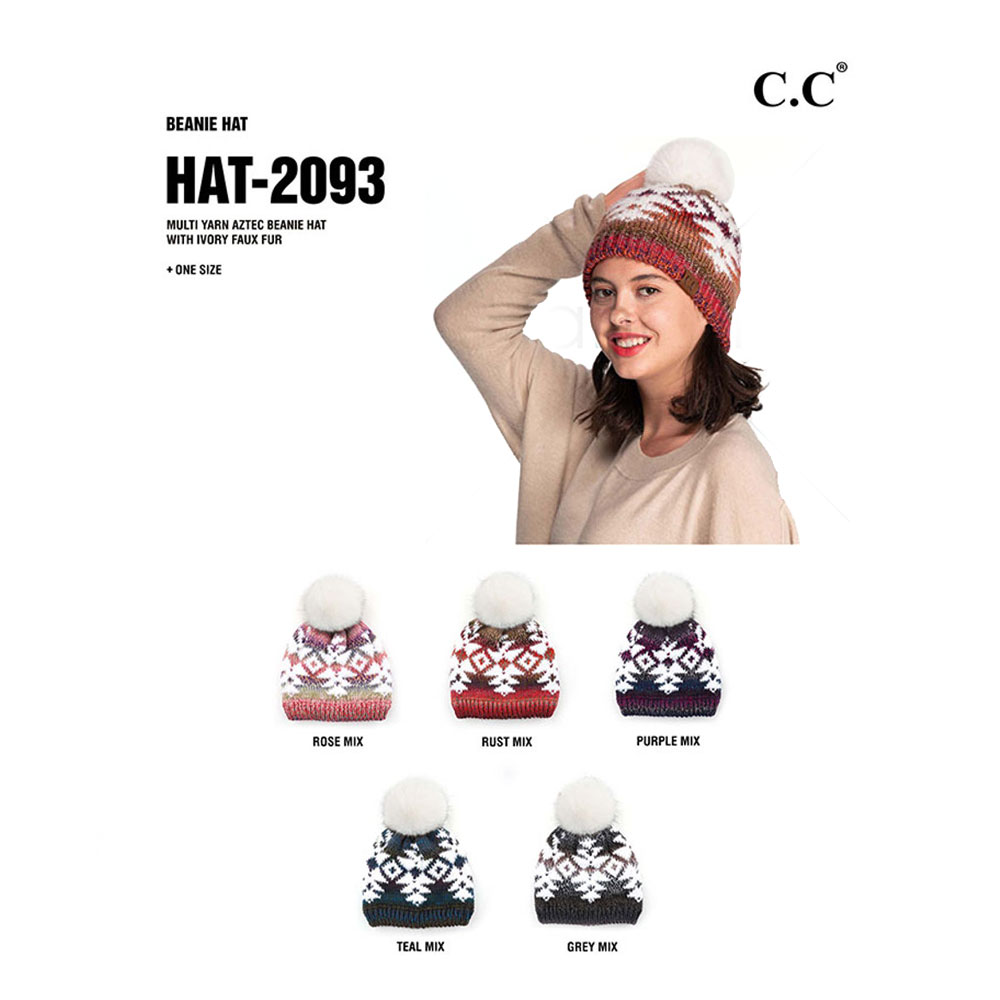 C.C Multi Yarn Aztec Beanie Hat with Faux Fur - Image 2