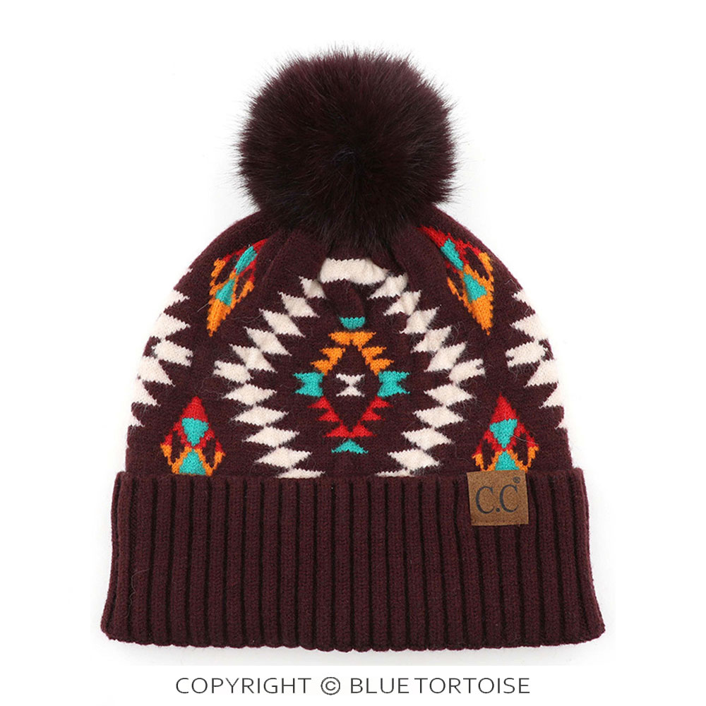 C.C Soft Aztec Pattern Beanie with Faux Fur Pom
