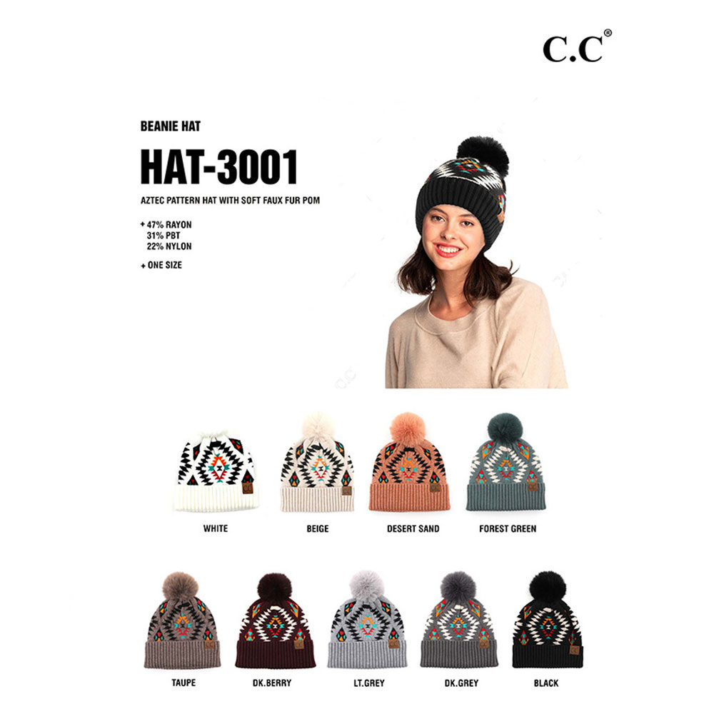 C.C Soft Aztec Pattern Beanie with Faux Fur Pom - Image 3