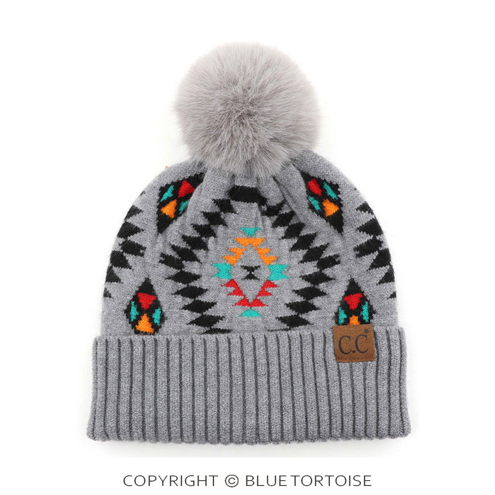 C.C Soft Aztec Pattern Beanie with Faux Fur Pom