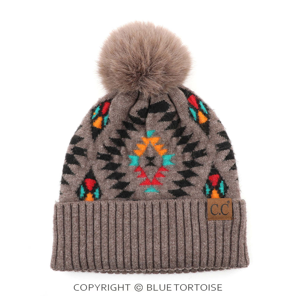 C.C Soft Aztec Pattern Beanie with Faux Fur Pom