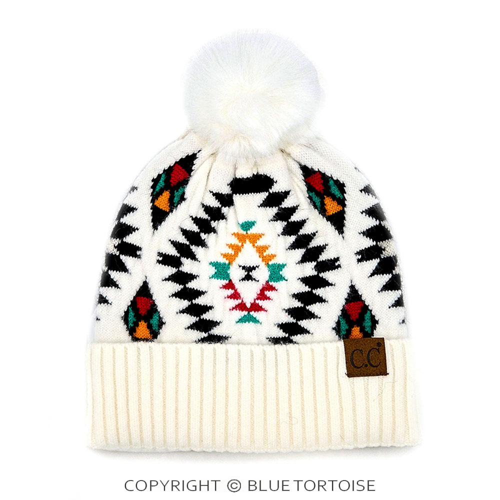 C.C Soft Aztec Pattern Beanie with Faux Fur Pom
