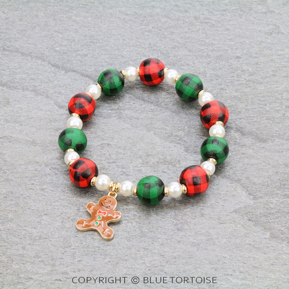 Christmas Gingerbread Man Plaid Bead Stretch Bracelet