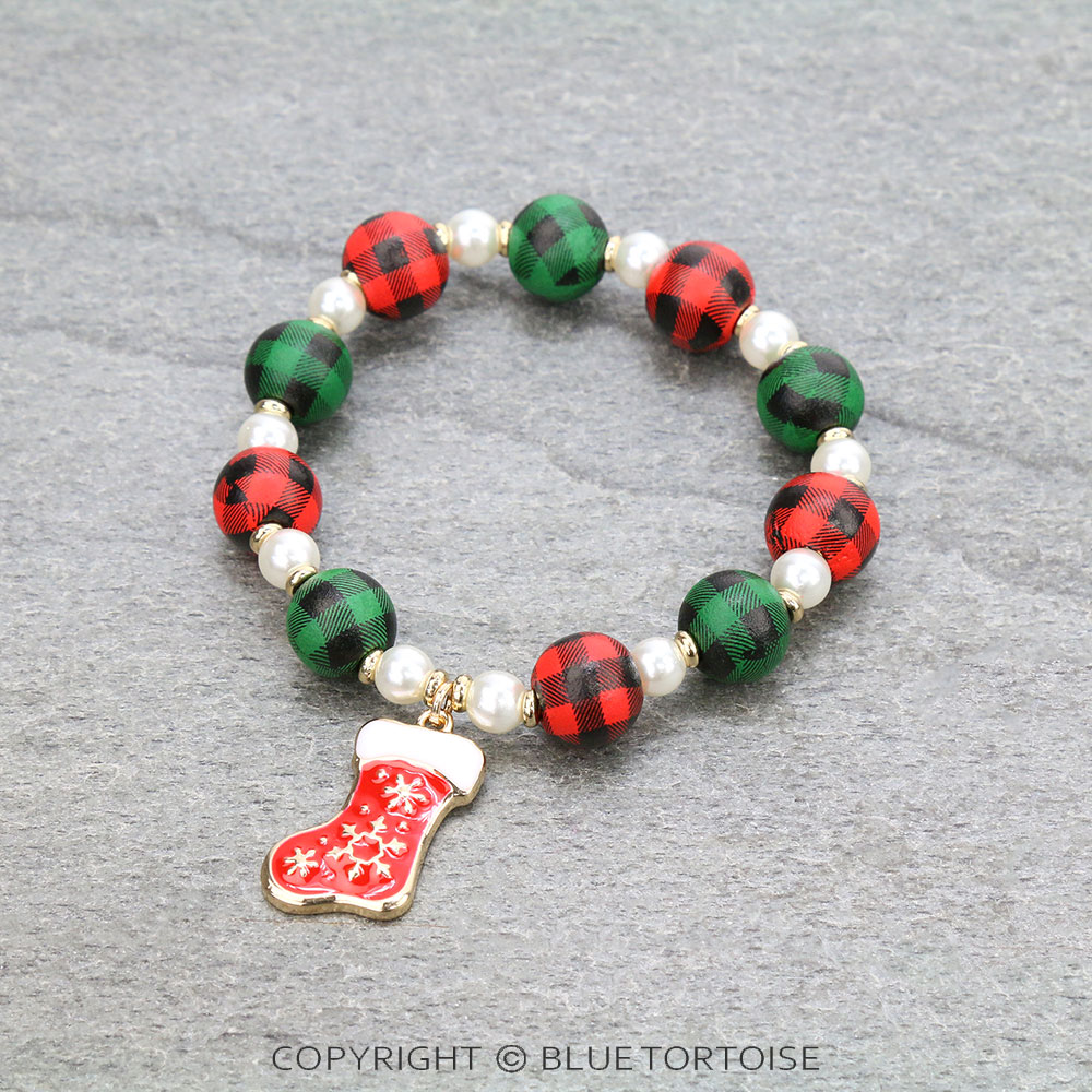 Christmas Stocking Plaid Bead Stretch Bracelet
