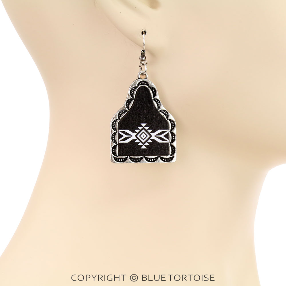 Western Aztec Pattern Wood Cattle Tag Dangle Earrings - Image 2