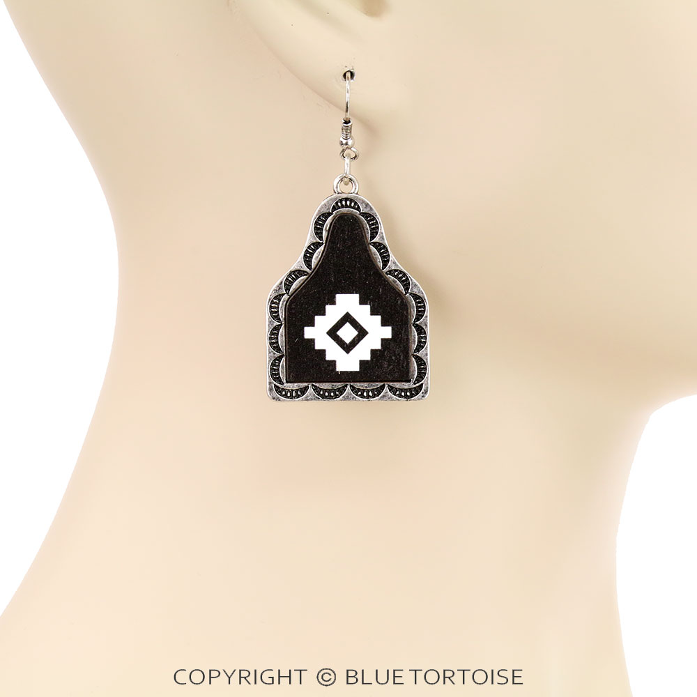 Western Aztec Pattern Wood Cattle Tag Dangle Earrings - Image 2