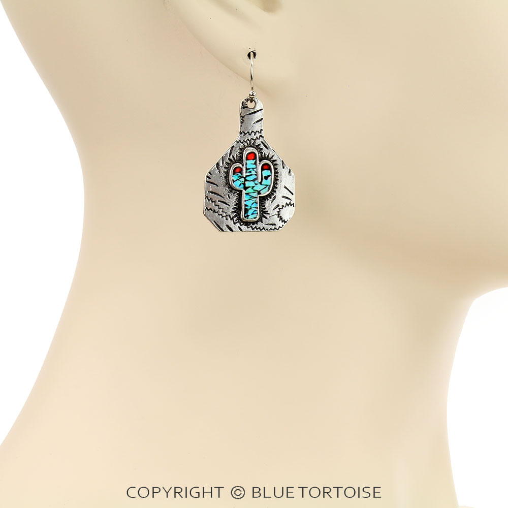 Western Cactus Cattle Tag Dangle Earrings - Image 2