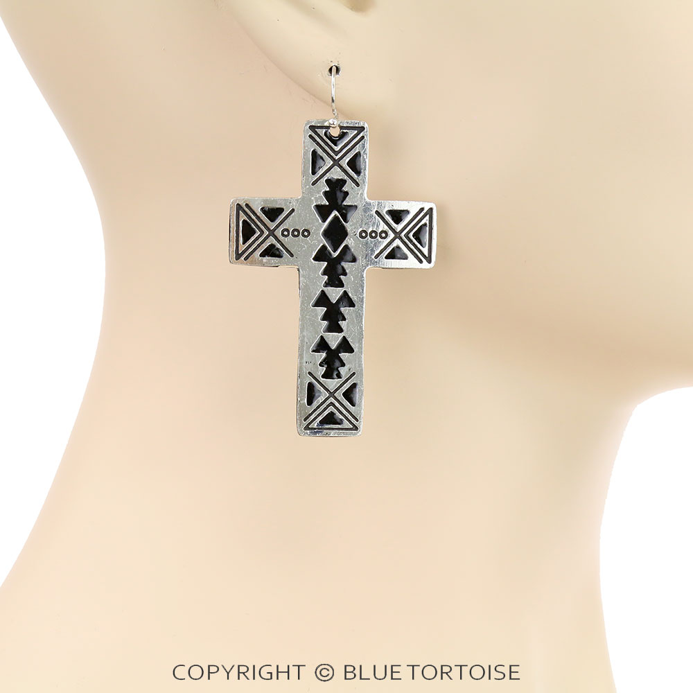 Western Aztec Pattern Cross Dangle Earrings - Image 2