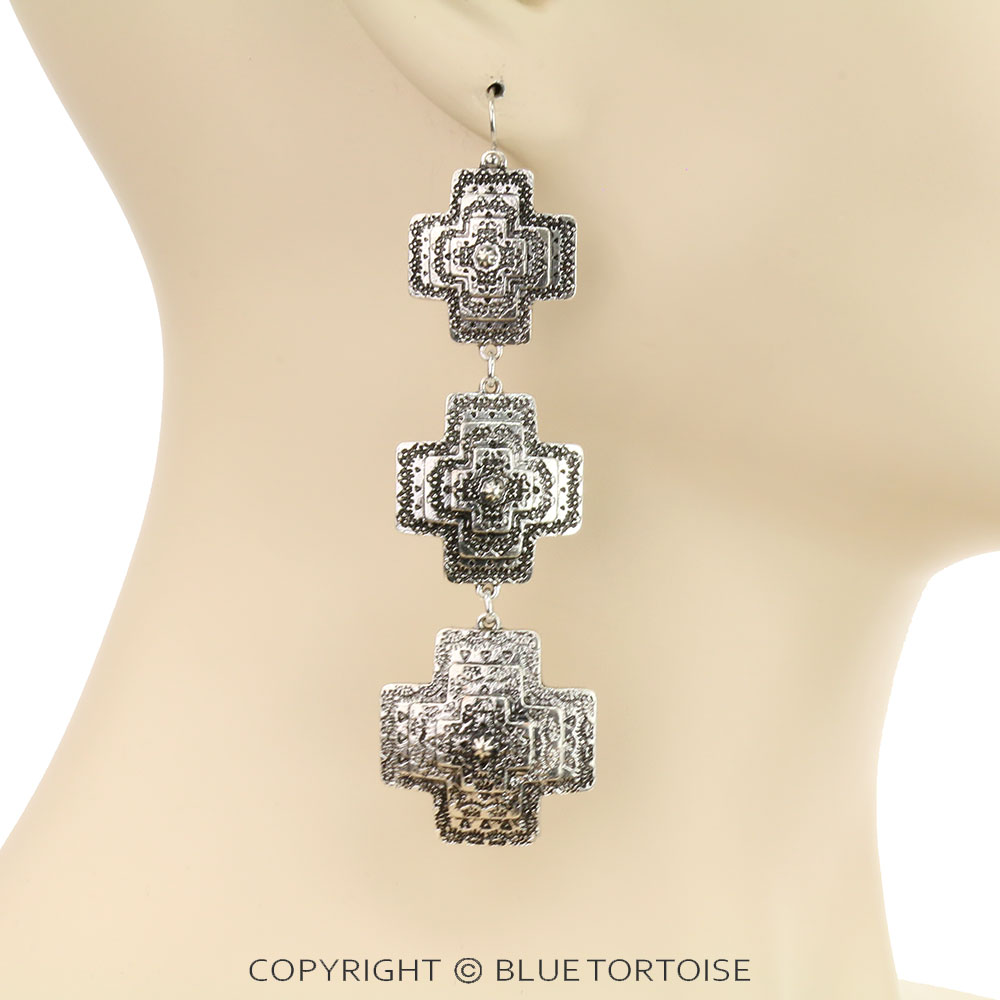 Western Texture Cross Drop Dangle Earrings - Image 2