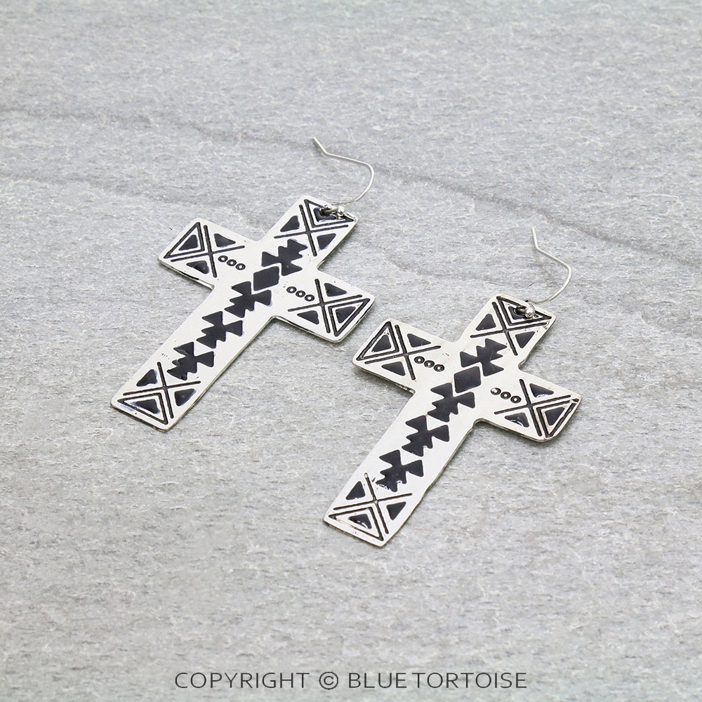 Western Aztec Pattern Cross Dangle Earrings