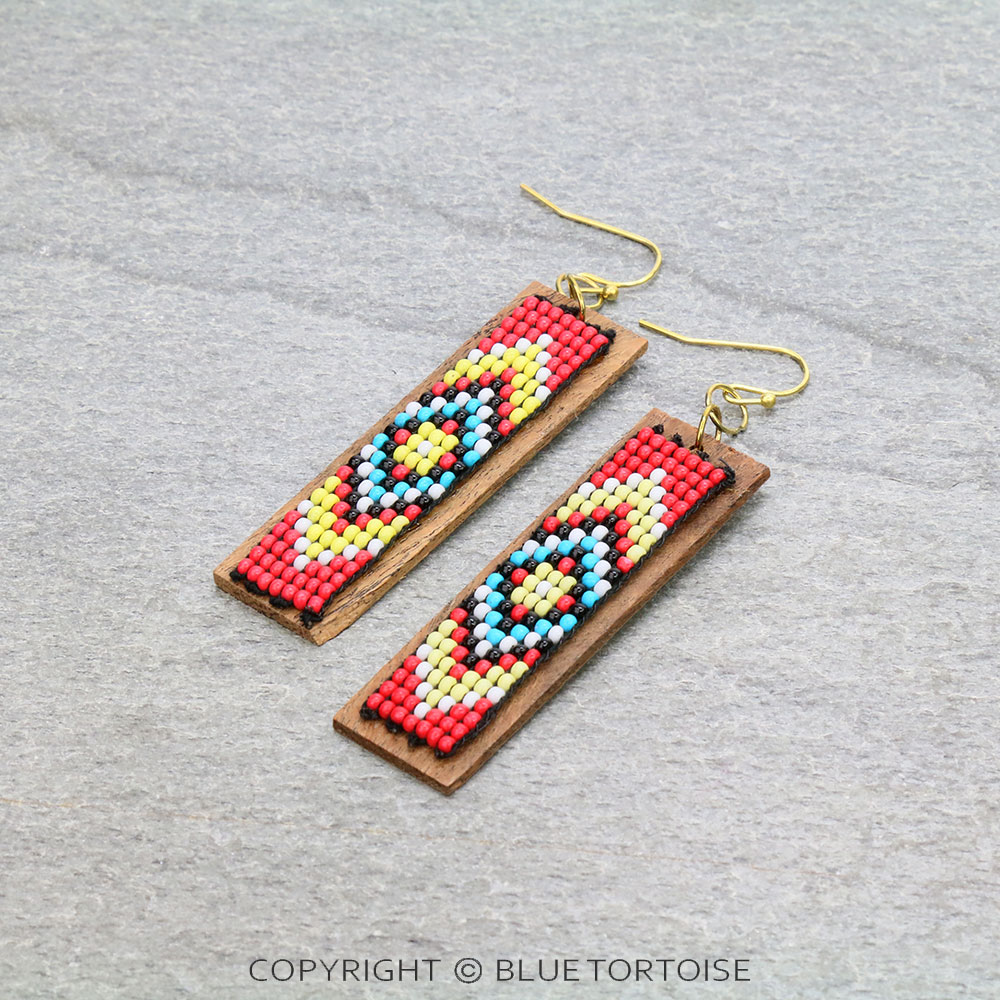 Western Aztec Seed Bead with Wood Bar Dangle Earrings