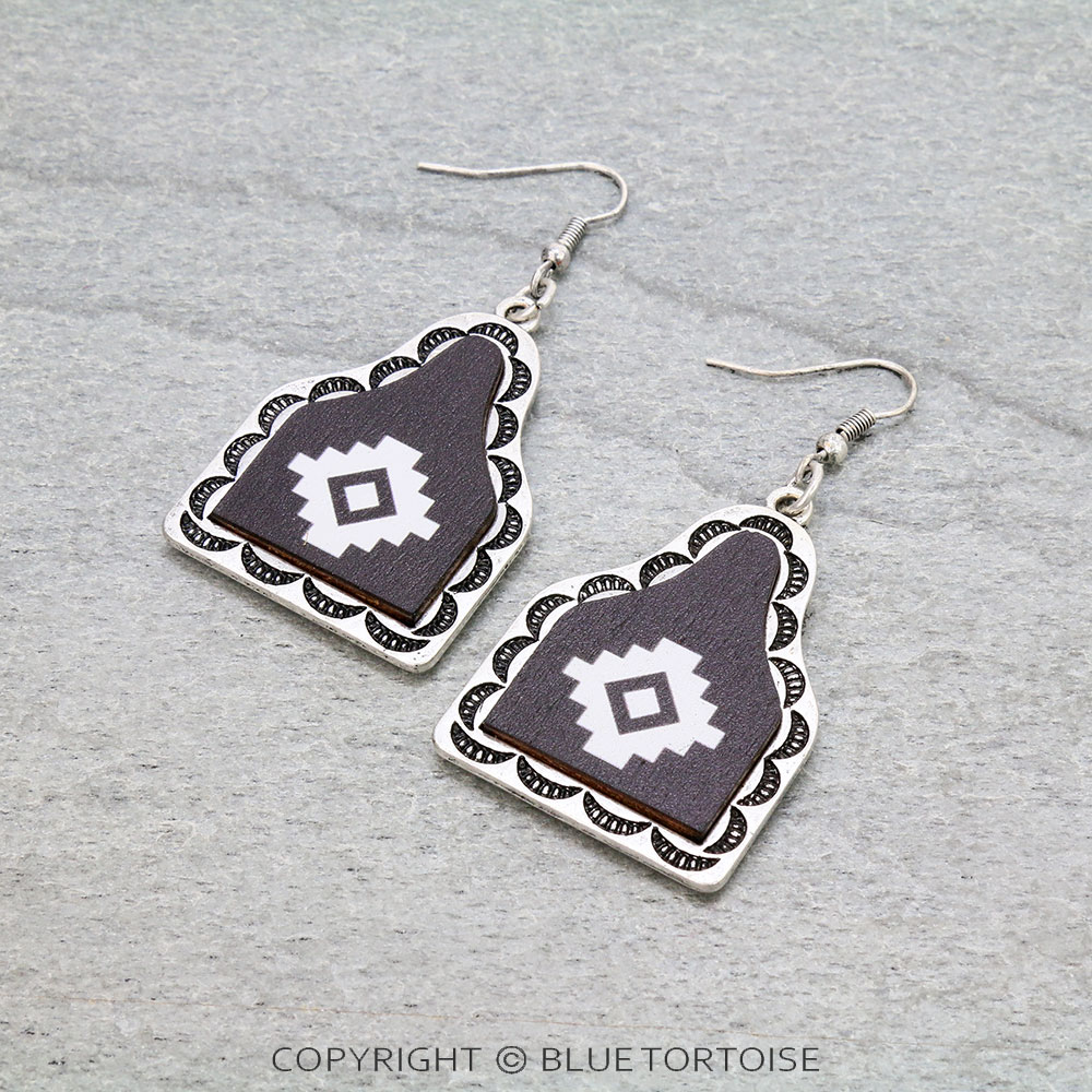 Western Aztec Pattern Wood Cattle Tag Dangle Earrings