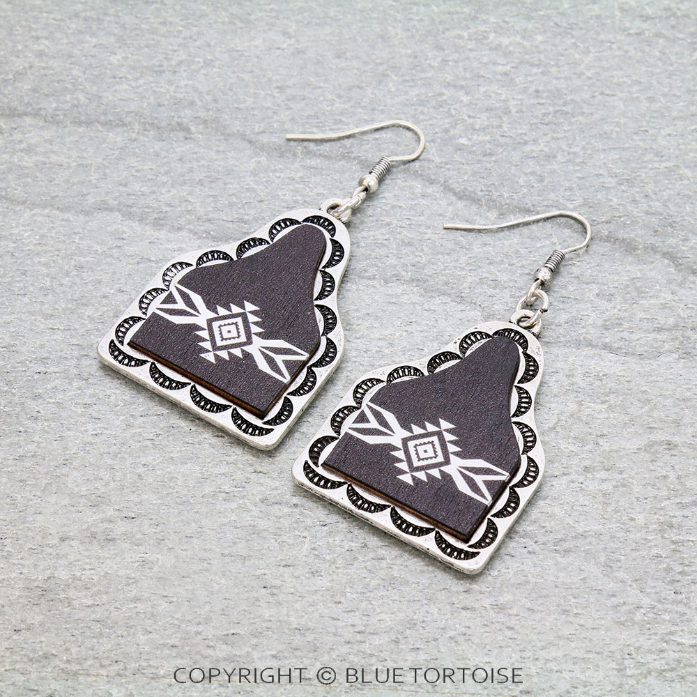 Western Aztec Pattern Wood Cattle Tag Dangle Earrings