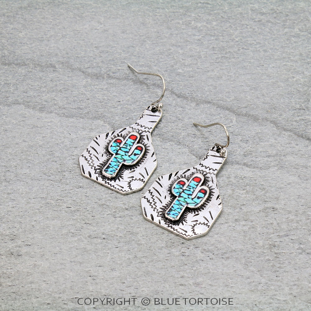Western Cactus Cattle Tag Dangle Earrings