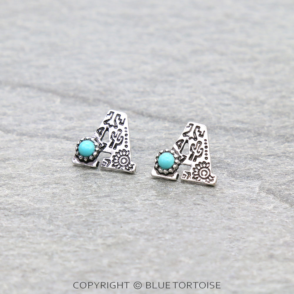 Western Initial "A" Stone Stud Earrings