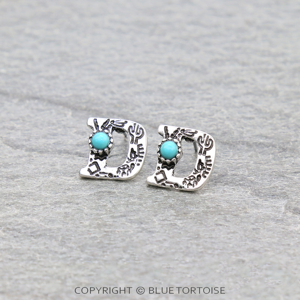 Western Initial "D" Stone Stud Earrings