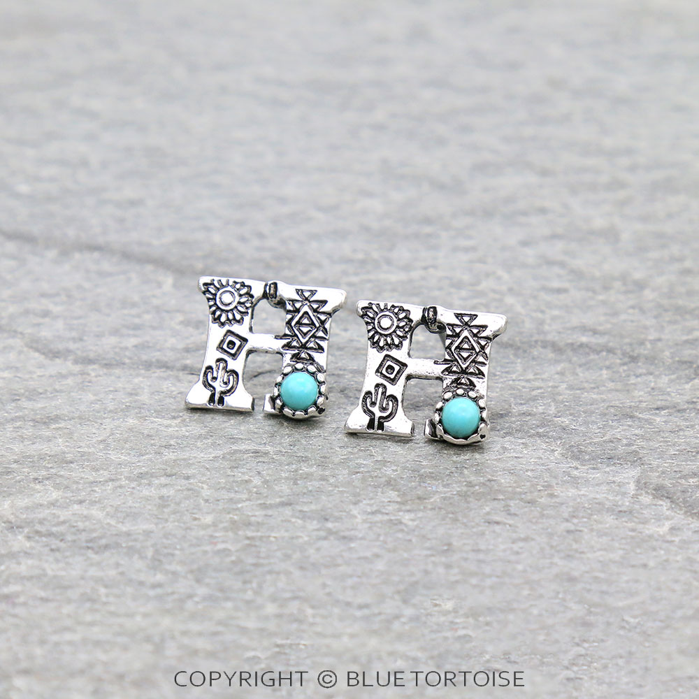 Western Initial "H" Stone Stud Earrings